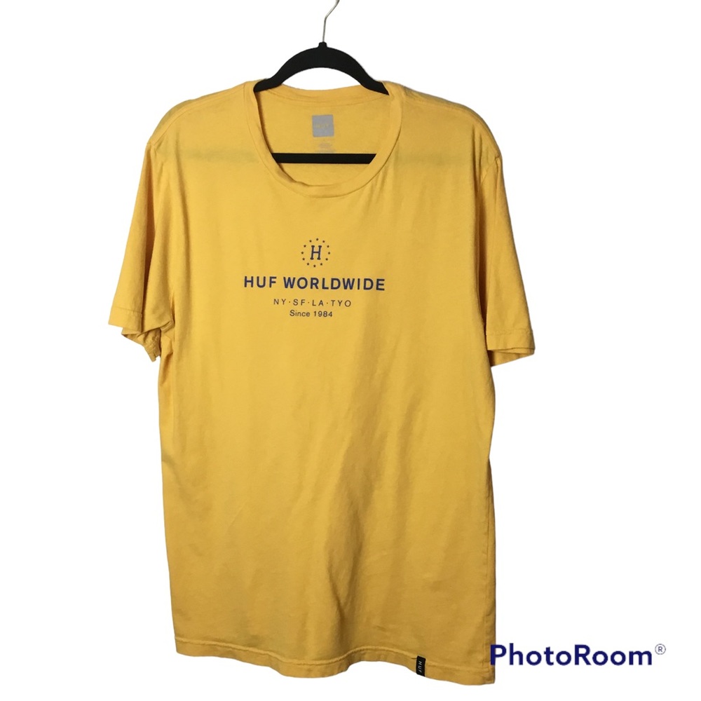 Huf yellow short sleeve tee shirt. Large